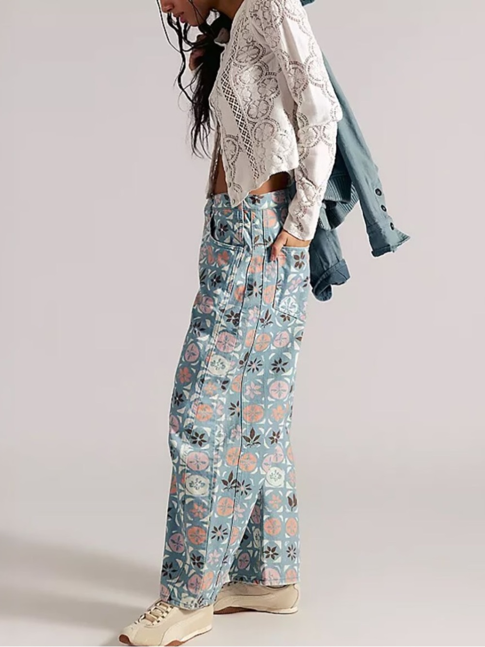 Free People We The Free Good Luck Printed Barrel Jeans Jade Combo 29 NWOT - Picture 2 of 9
